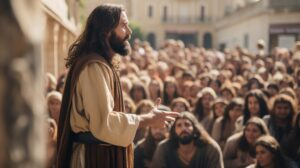 jesus talks with people old city streets neural network ai generated