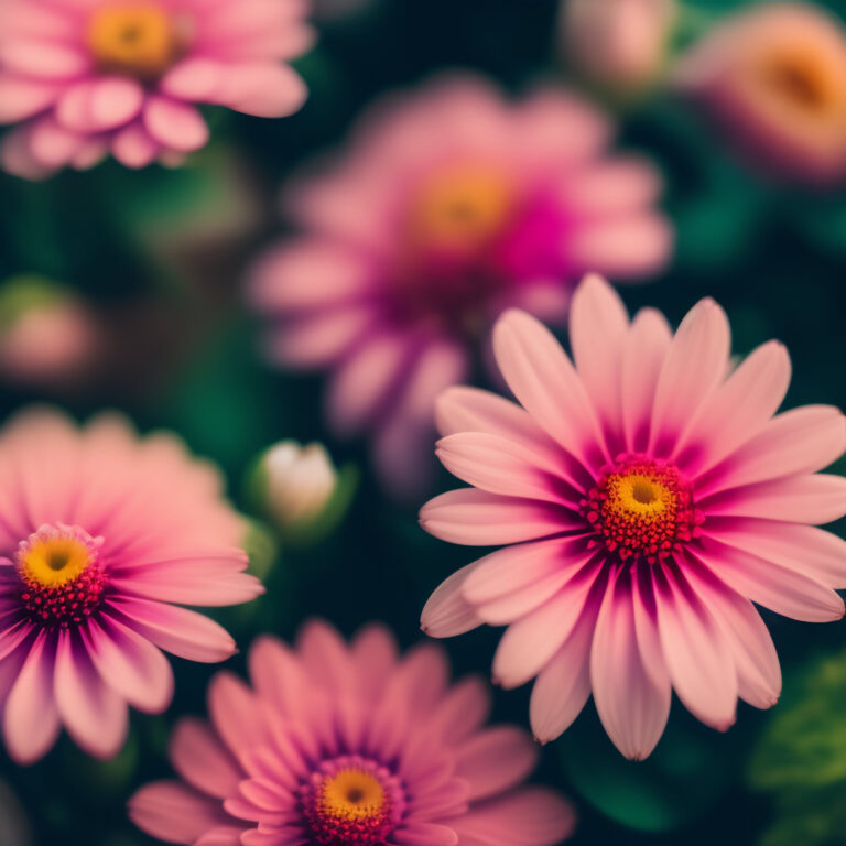 pink flower is pot with yellow center